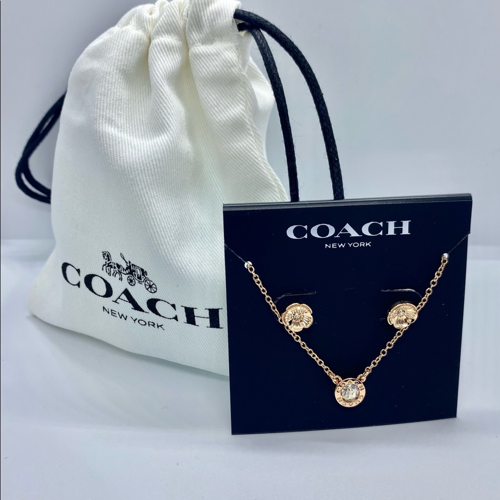 COACH Open Circle Necklace with Tea Rose Stud Set Earrings Set NEW!